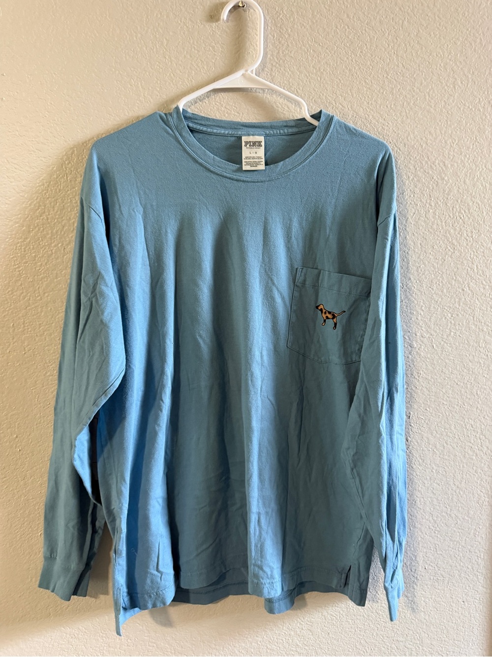 PINK Victoria's Secret Light Blue Long-Sleeve Pocket Tee with Dog Patch